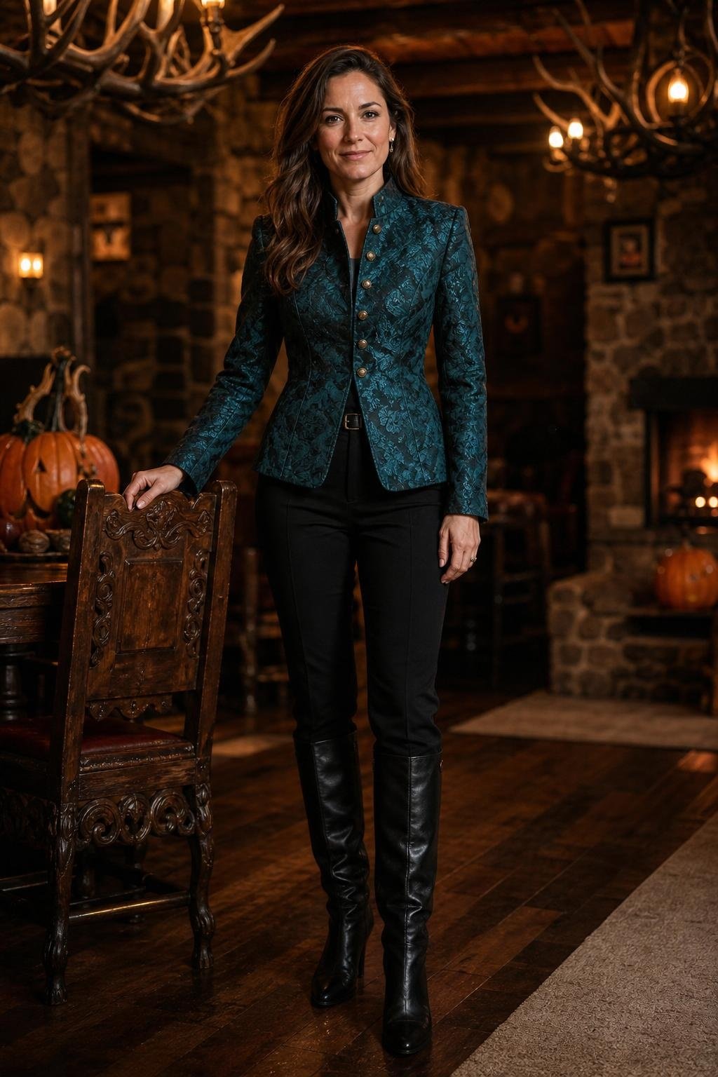 Teal brocade jacket, black trousers, tall boots, tavern-style Halloween party (option 1)