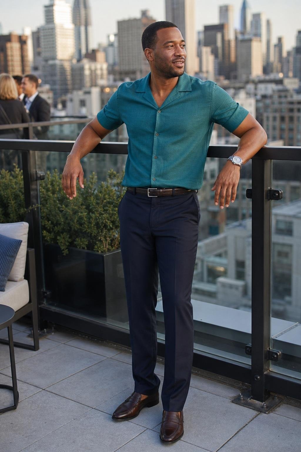 Teal camp-collar shirt, navy dress pants, dark brown loafers, modern rooftop work event (option 2)