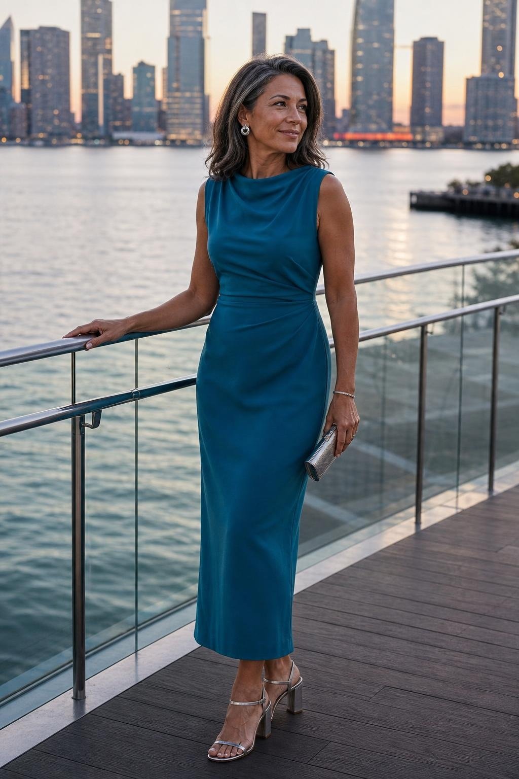 Teal column midi dress with draped high neckline, metallic heels, sleek waterfront wedding (option 1)