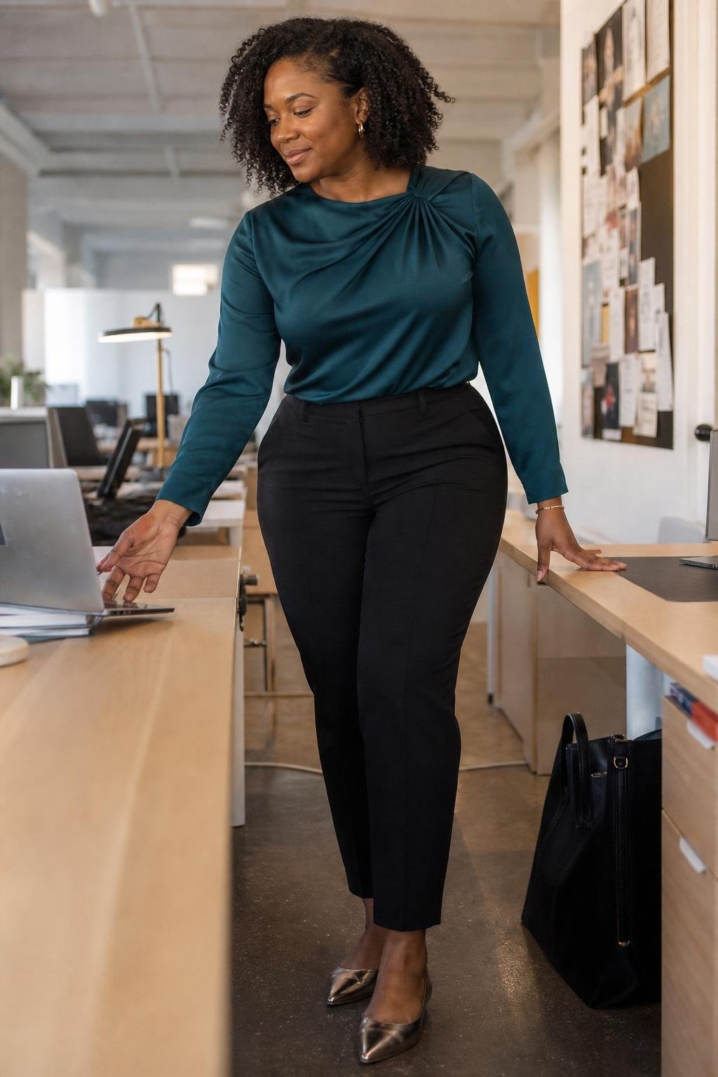 Teal draped blouse, black ankle trousers, metallic flats, bright open-plan office workstation (option 2)