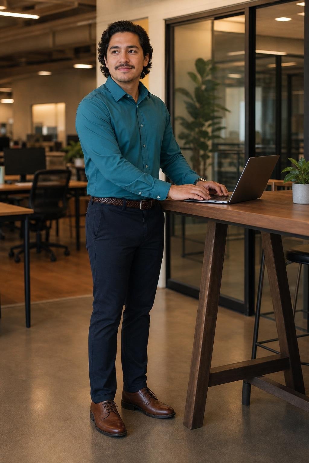 Teal dress shirt, navy chinos, braided brown belt, walnut derby shoes, polished open-plan office (option 1)