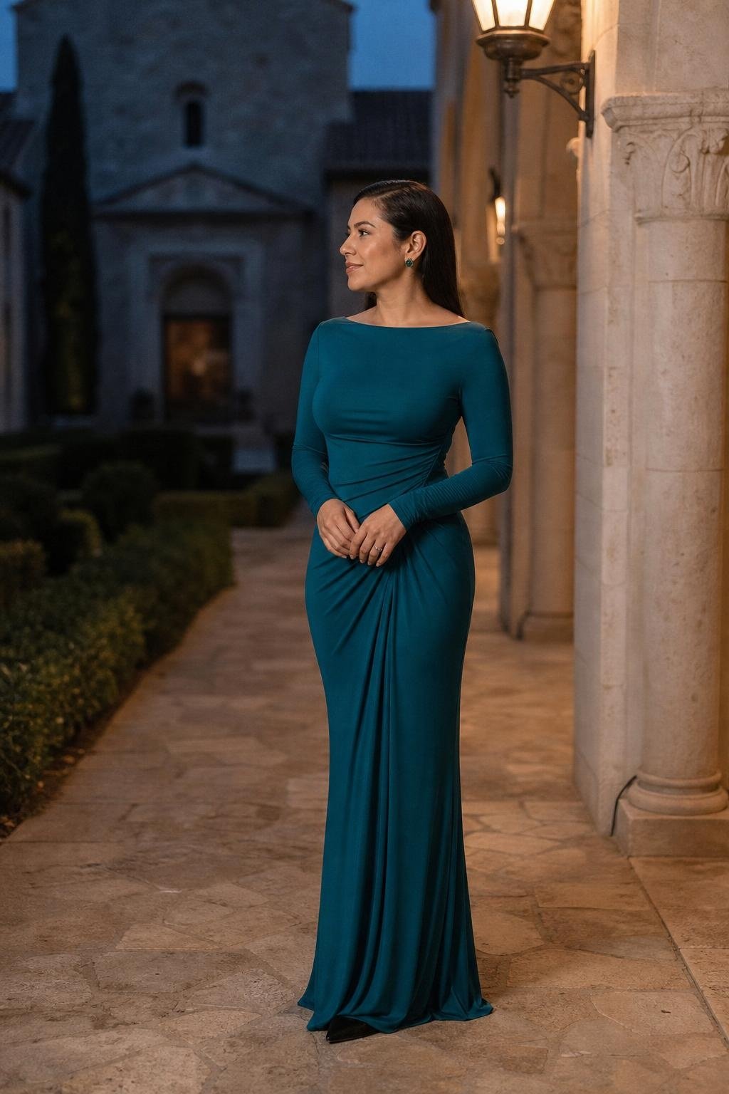 Teal long-sleeve jersey gown, black velvet heels, emerald studs, evening chapel ceremony (option 2)