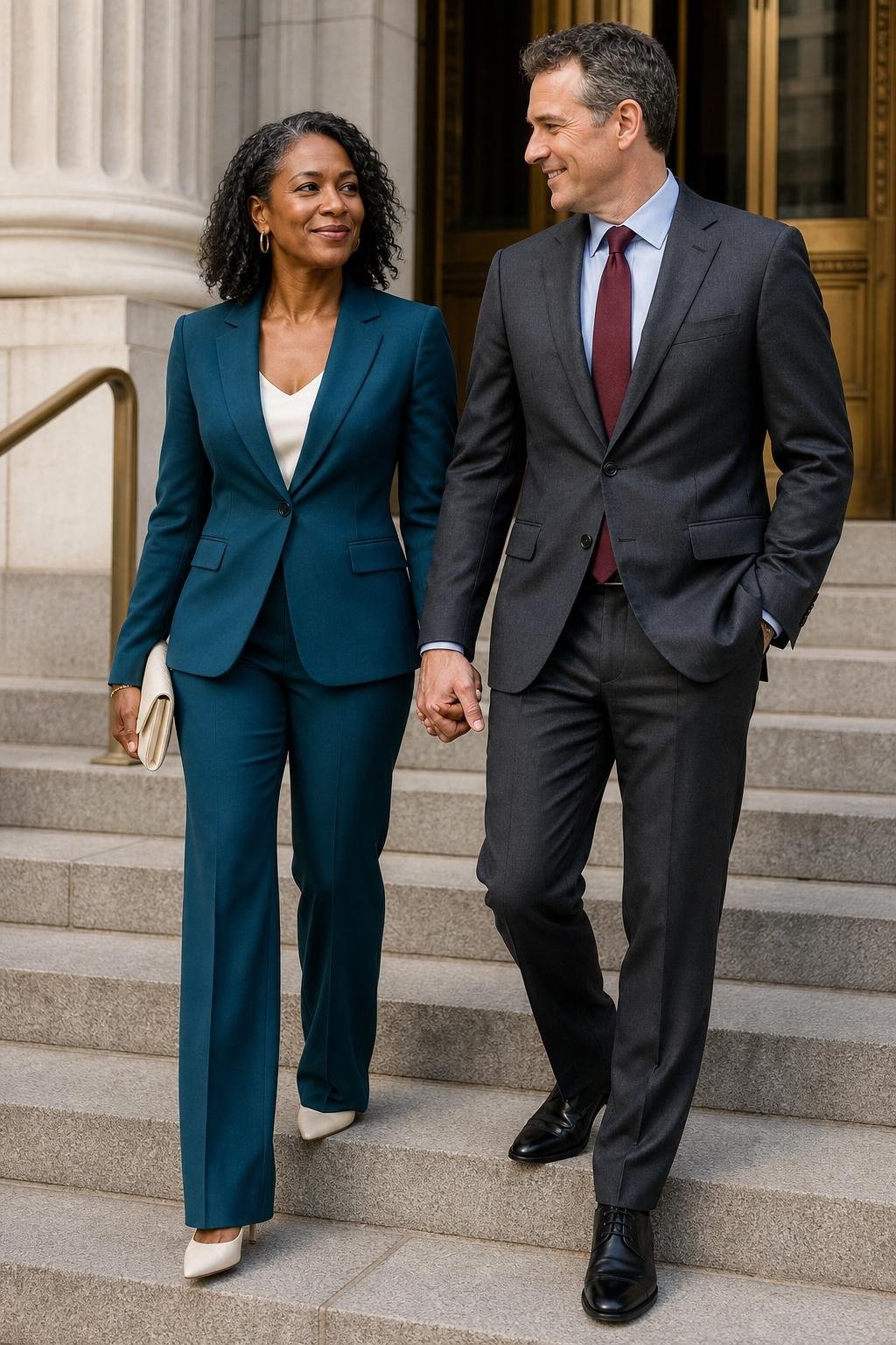 Teal pantsuit with ivory silk shell on polished courthouse steps (option 2)