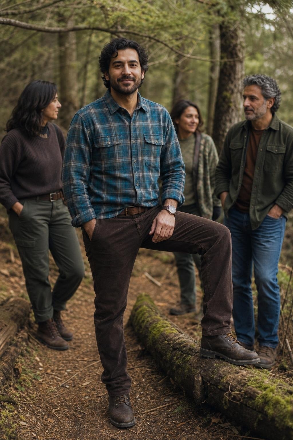Teal plaid flannel shirt, dark brown corduroy pants, rugged boots, wooded trail family photo (option 2)
