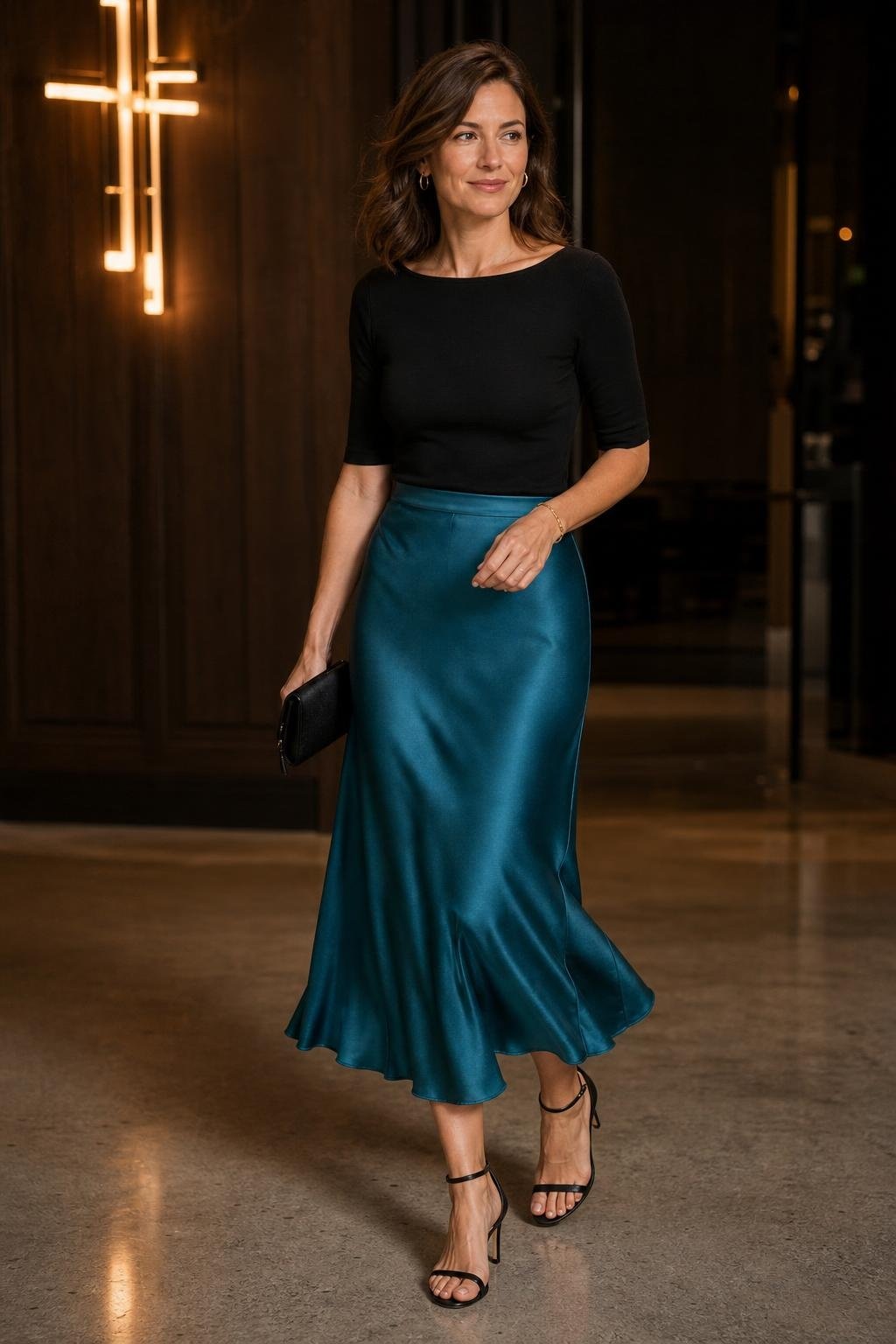 Teal satin midi skirt with black knit top at a semi-formal evening venue (option 2)