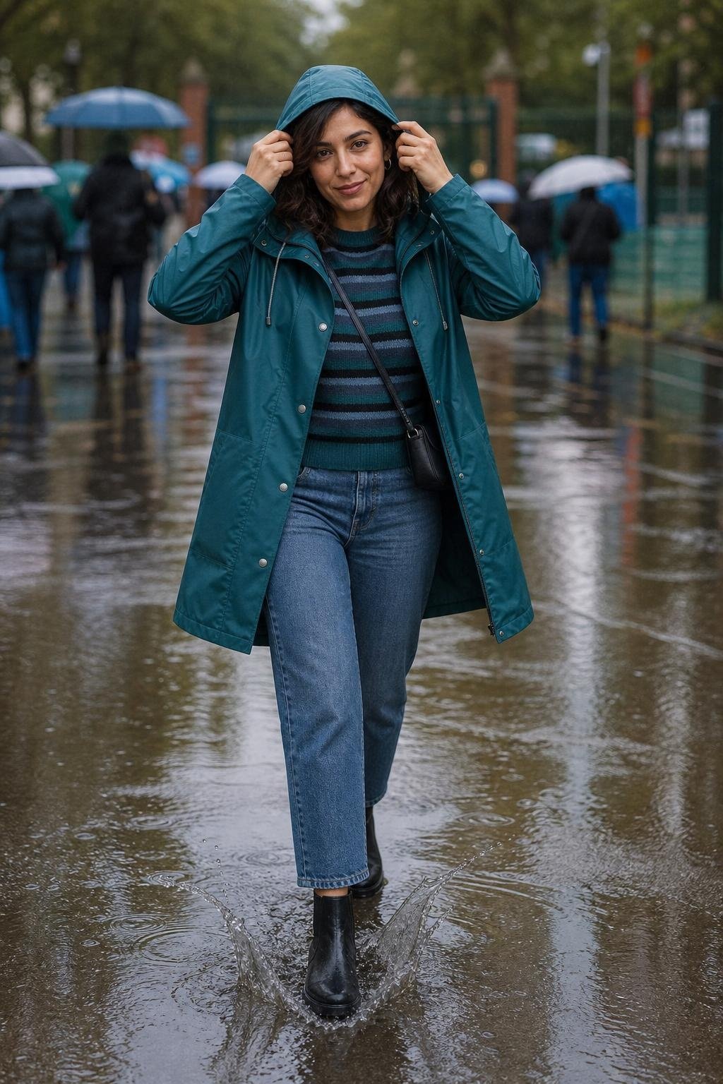 Teal waterproof raincoat, striped sweater, cropped jeans, rubber Chelsea boots, rainy stadium walkway (option 1)