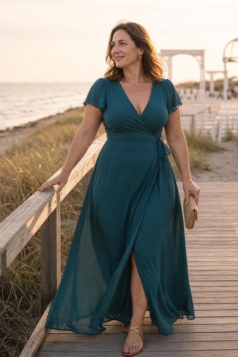 Teal wrap maxi dress with gold flat sandals beside a beach wedding boardwalk (option 1)