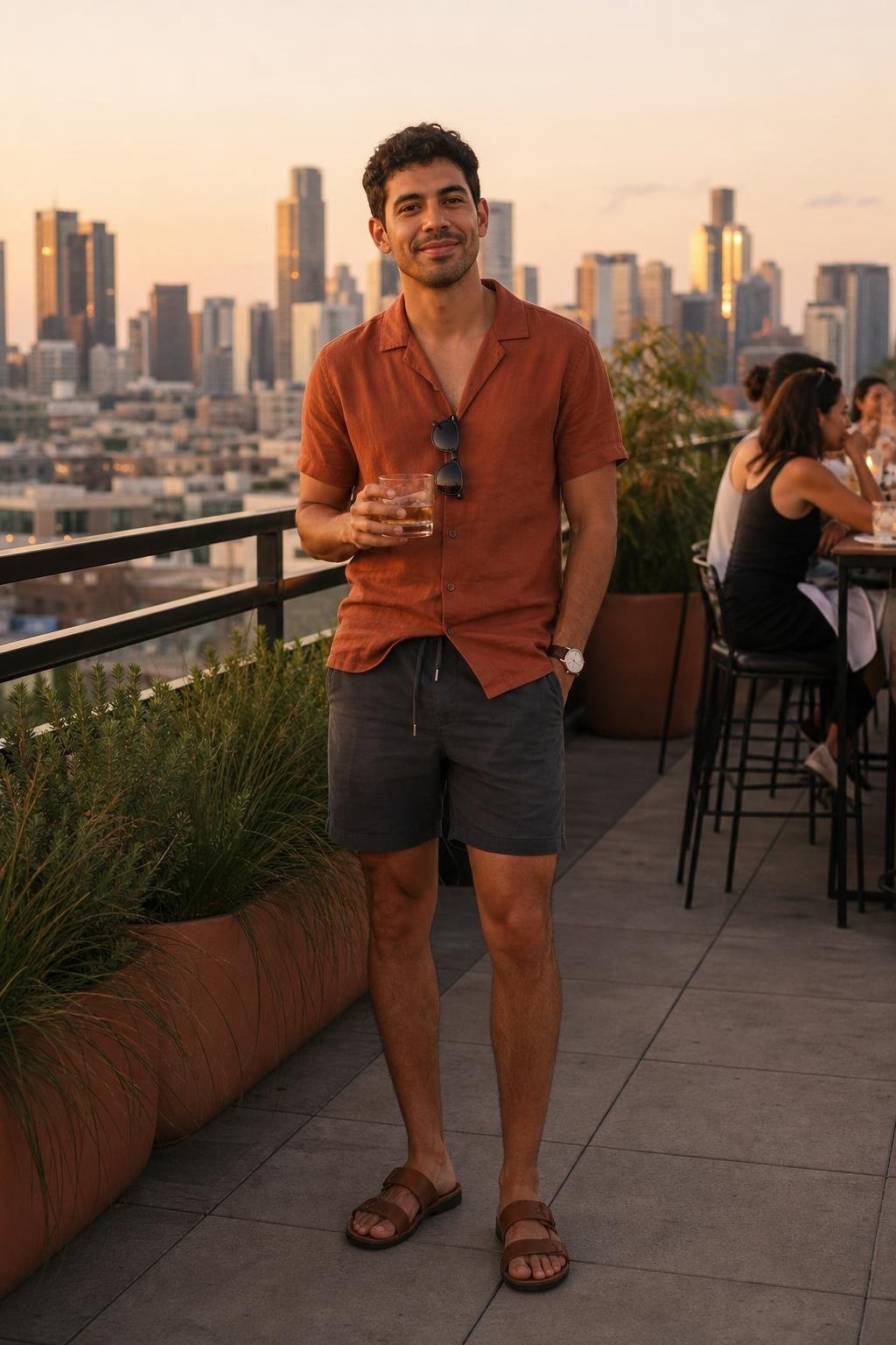 Terracotta camp-collar shirt, charcoal drawstring shorts, brown leather slides, rooftop drinks at golden hour (option 1)
