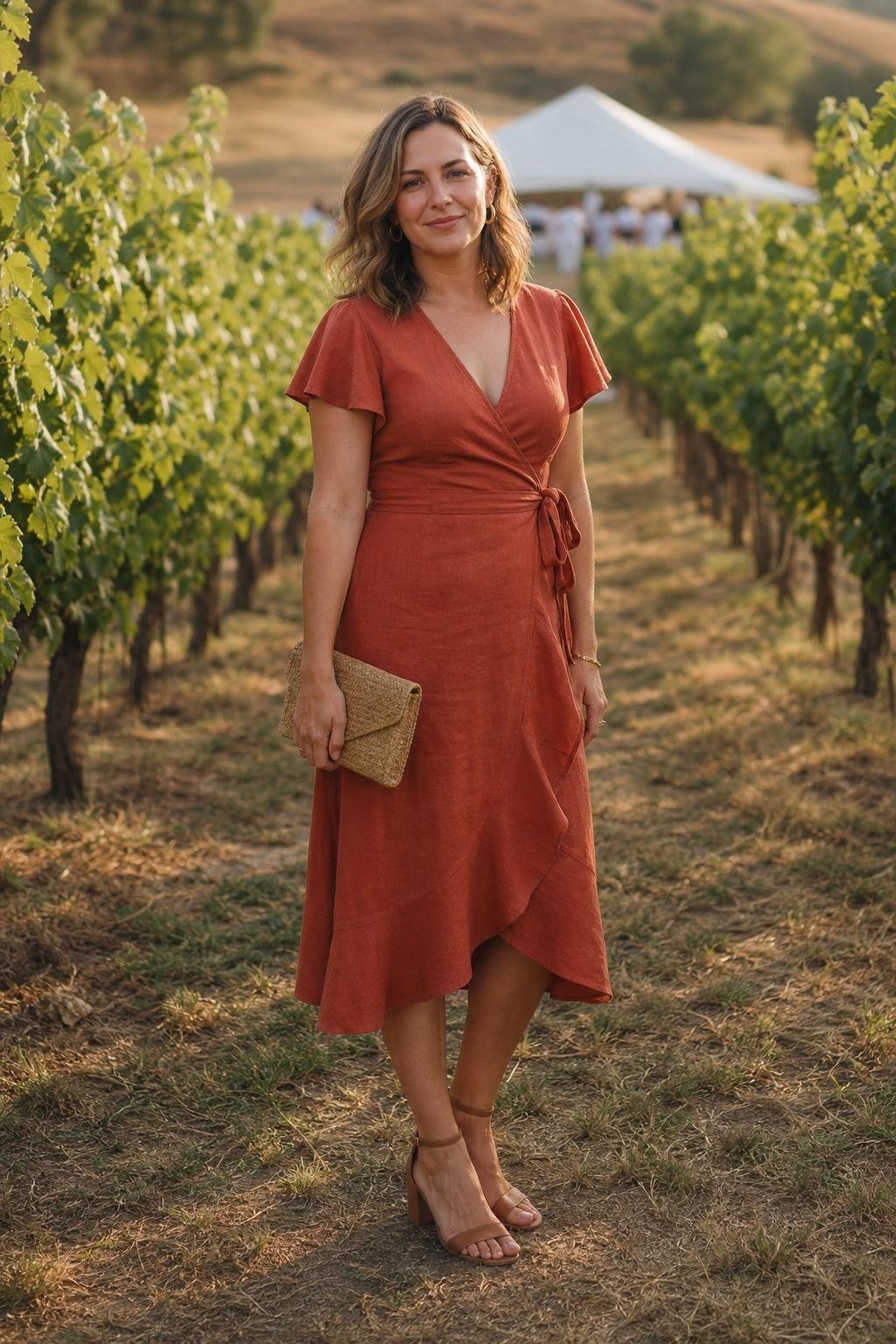 Terracotta linen-blend wrap dress with woven clutch among vineyard rows (option 2)