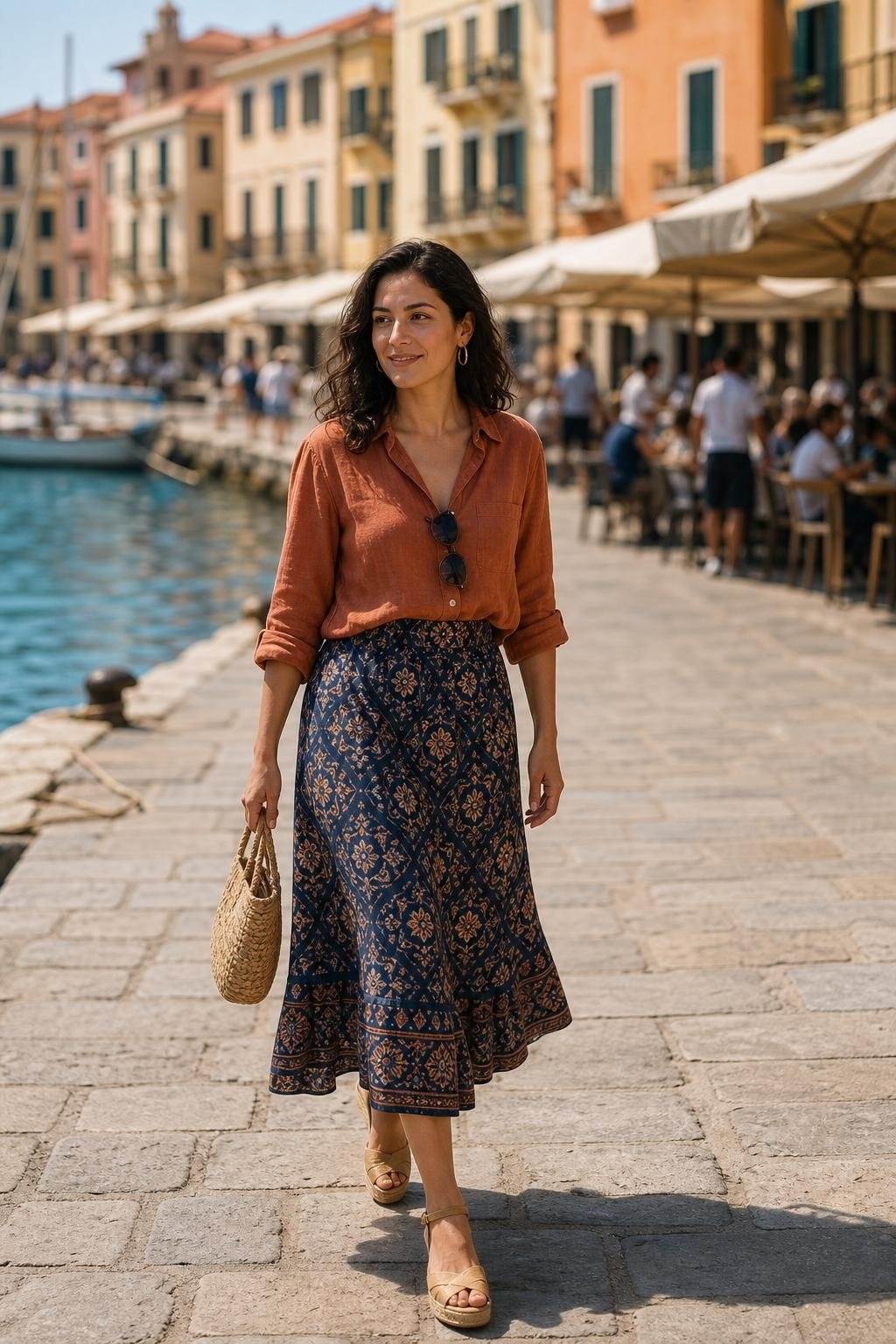 Terracotta linen button-down with navy printed midi skirt and espadrilles in a sunny port plaza (option 2)