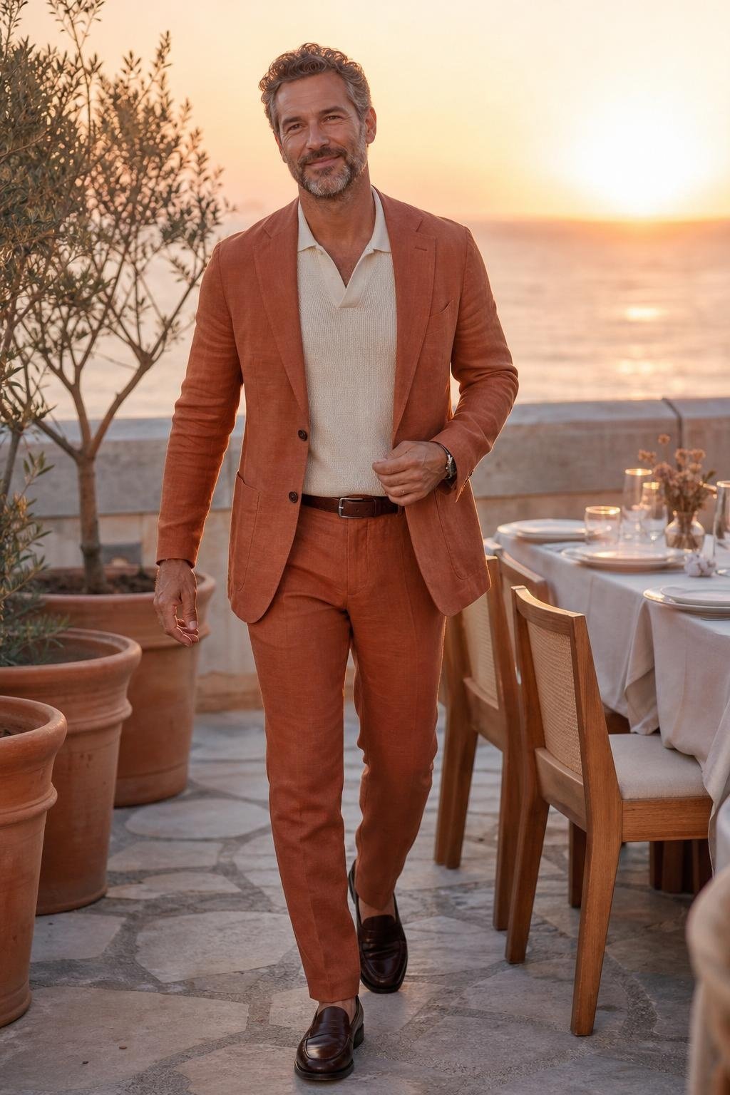 Terracotta linen suit, cream knit shirt, dark brown loafers, sunset destination dinner on a terrace (option 2)