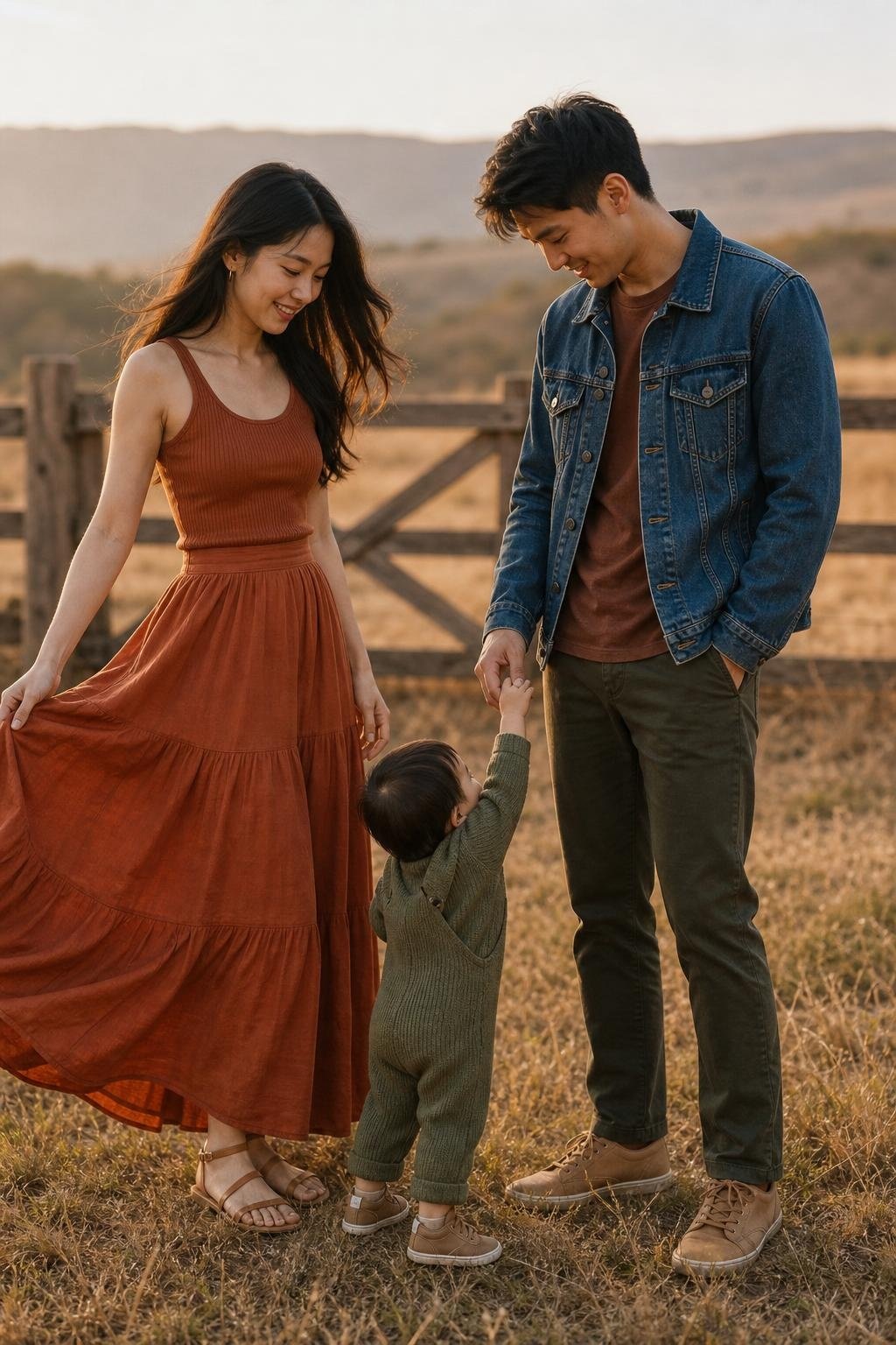 Terracotta maxi skirt, fitted denim jacket, olive knit overalls, tan sneakers in an open field with warm light (option 2)