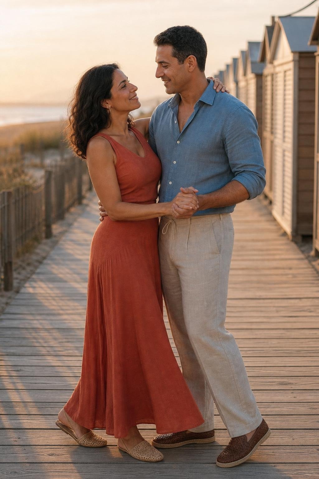 Terracotta maxi skirt, sea blue linen shirt, natural linen trousers, woven flats, warm coastal boardwalk scene (option 1)