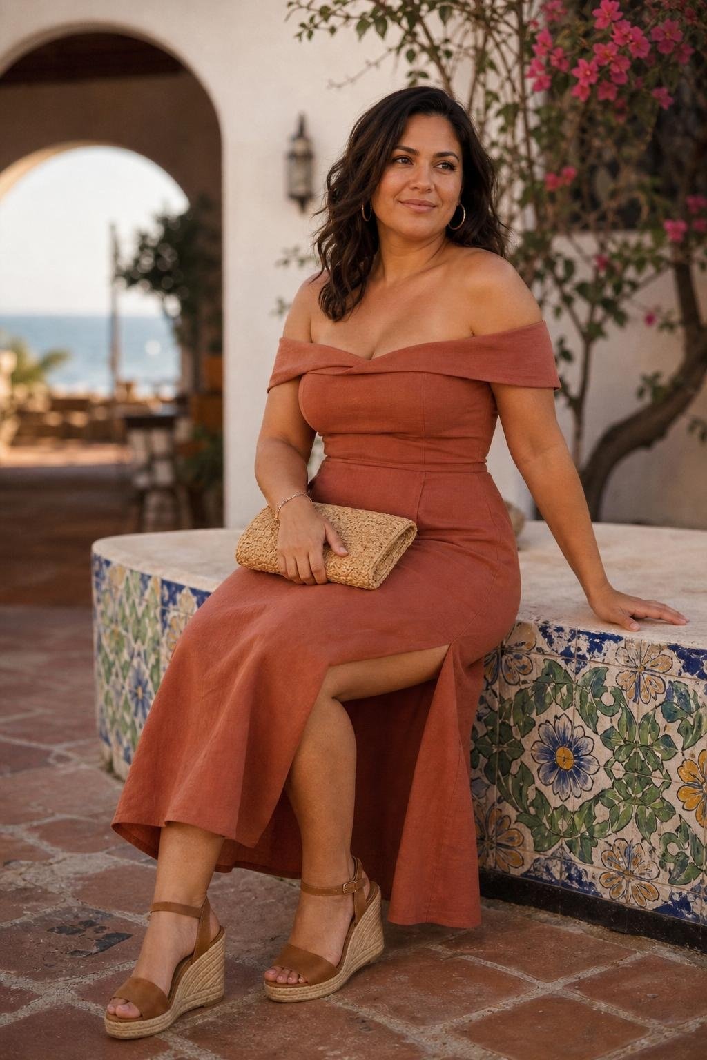 Terracotta off-the-shoulder dress with woven clutch and espadrille wedges at a Baja-style seaside venue (option 2)