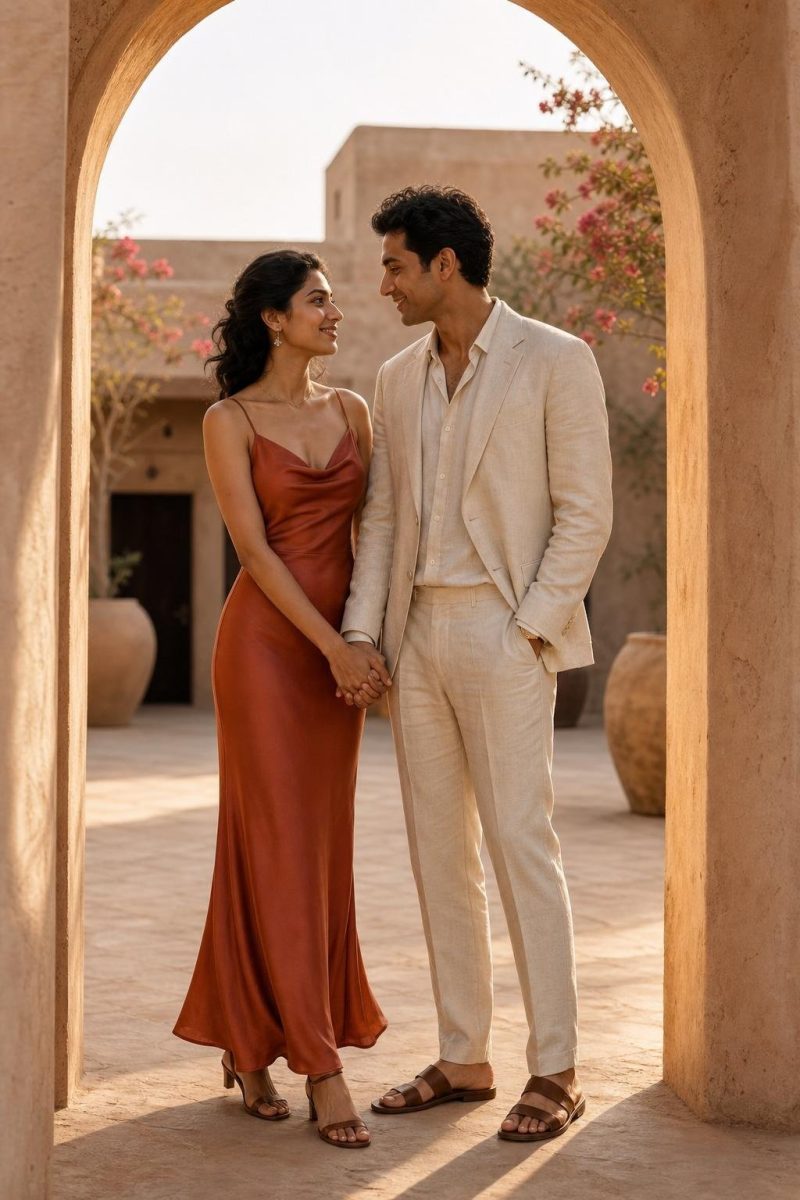 terracotta slip dress with ecru linen suit and brown sandals at a desert wedding courtyard (option 1)