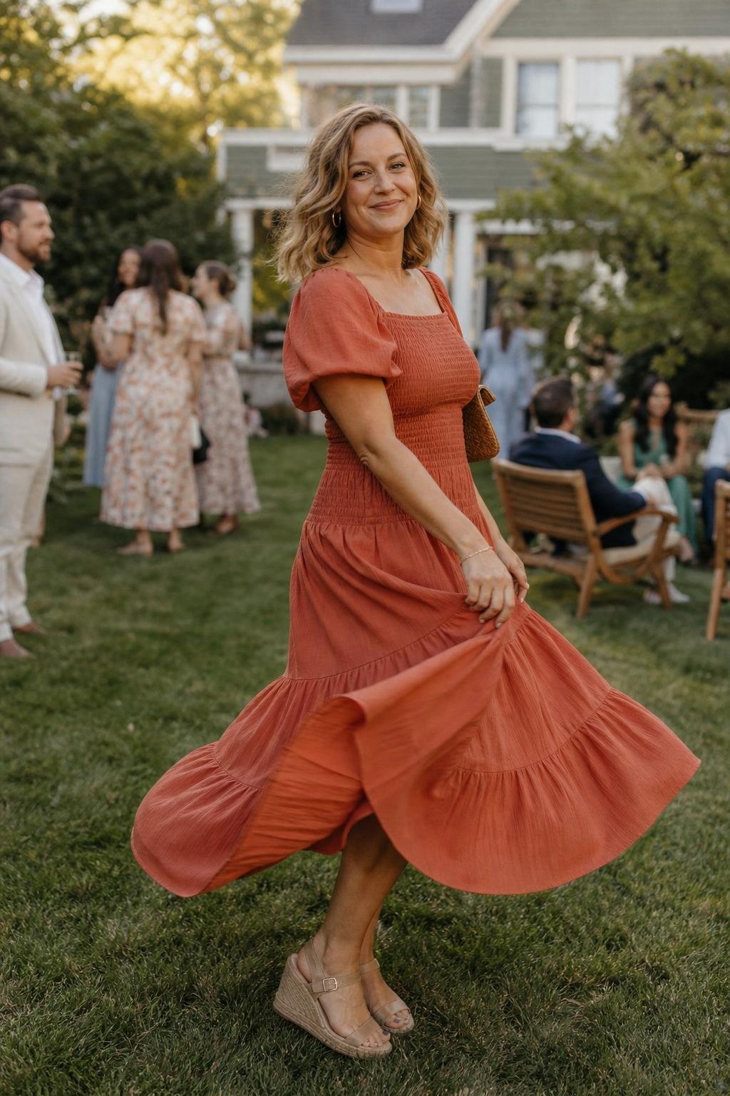 terracotta smocked midi dress with espadrilles at a relaxed outdoor wedding (option 2)