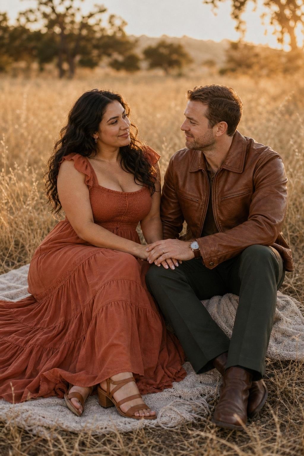 Terracotta tiered maxi dress, cognac sandals, golden field anniversary scene (option 1)
