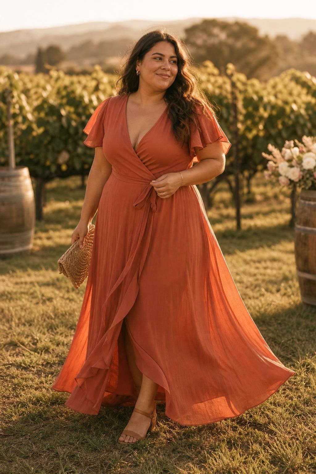 Terracotta wrap-style maxi dress with flutter sleeves, tan sandals, rustic vineyard wedding (option 2)