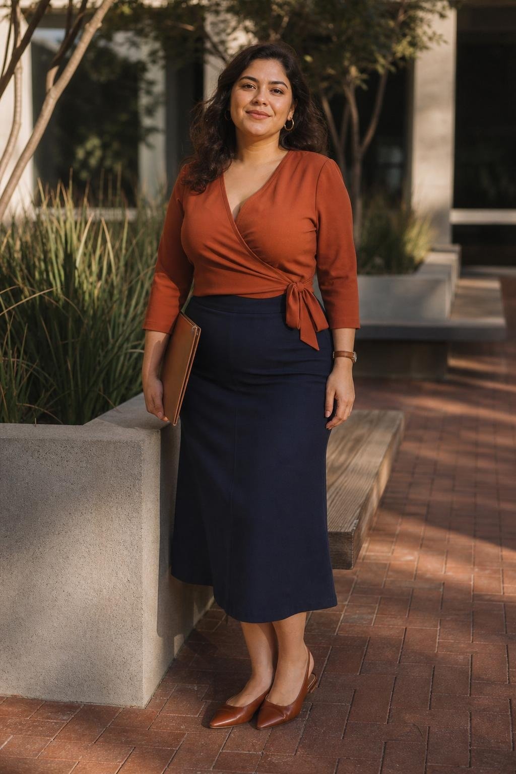 Terracotta wrap top, navy midi skirt, brown slingback flats, sunlit office courtyard (option 1)