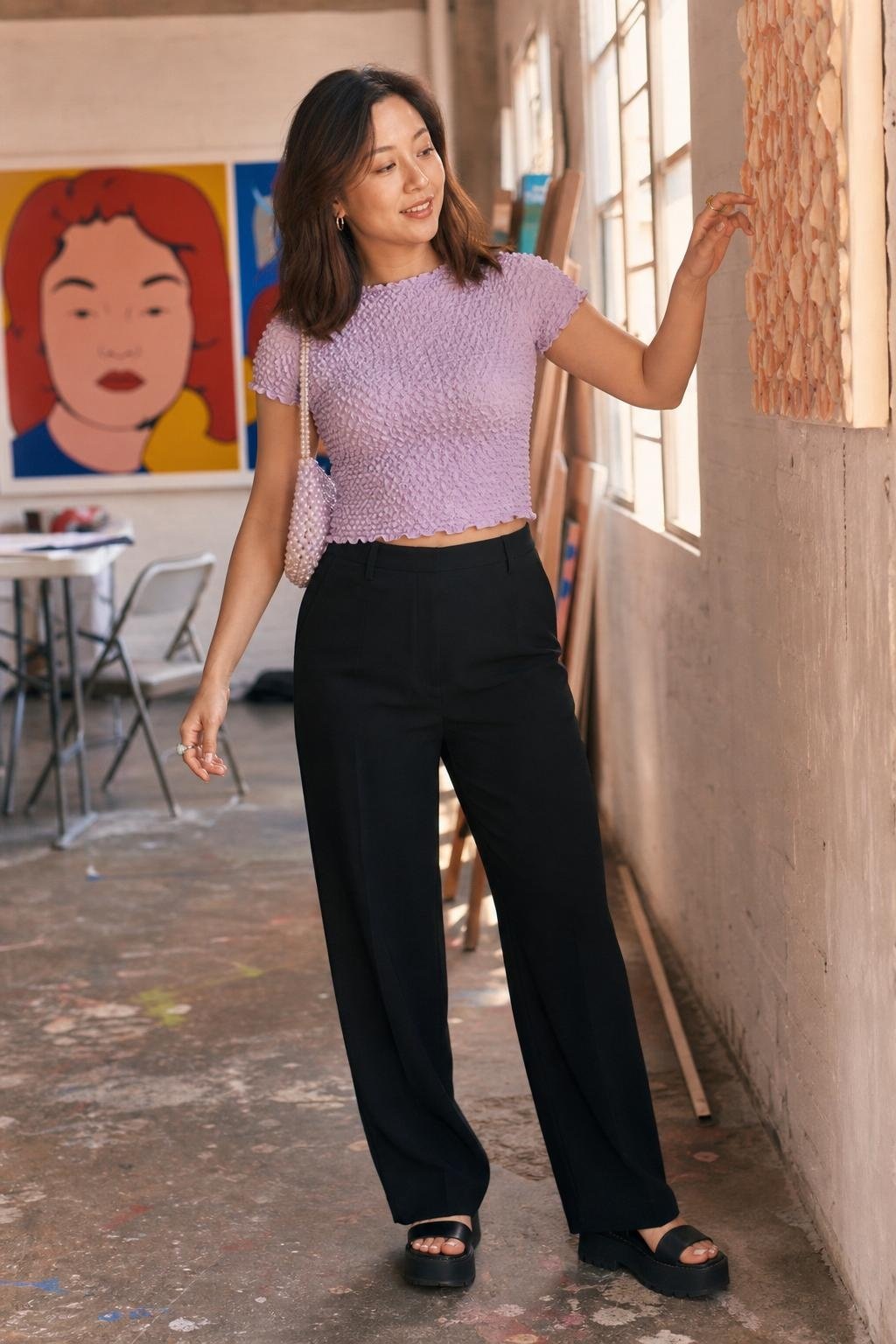 Textured popcorn top, simple black trousers, platform sandals, playful art fair afternoon (option 2)
