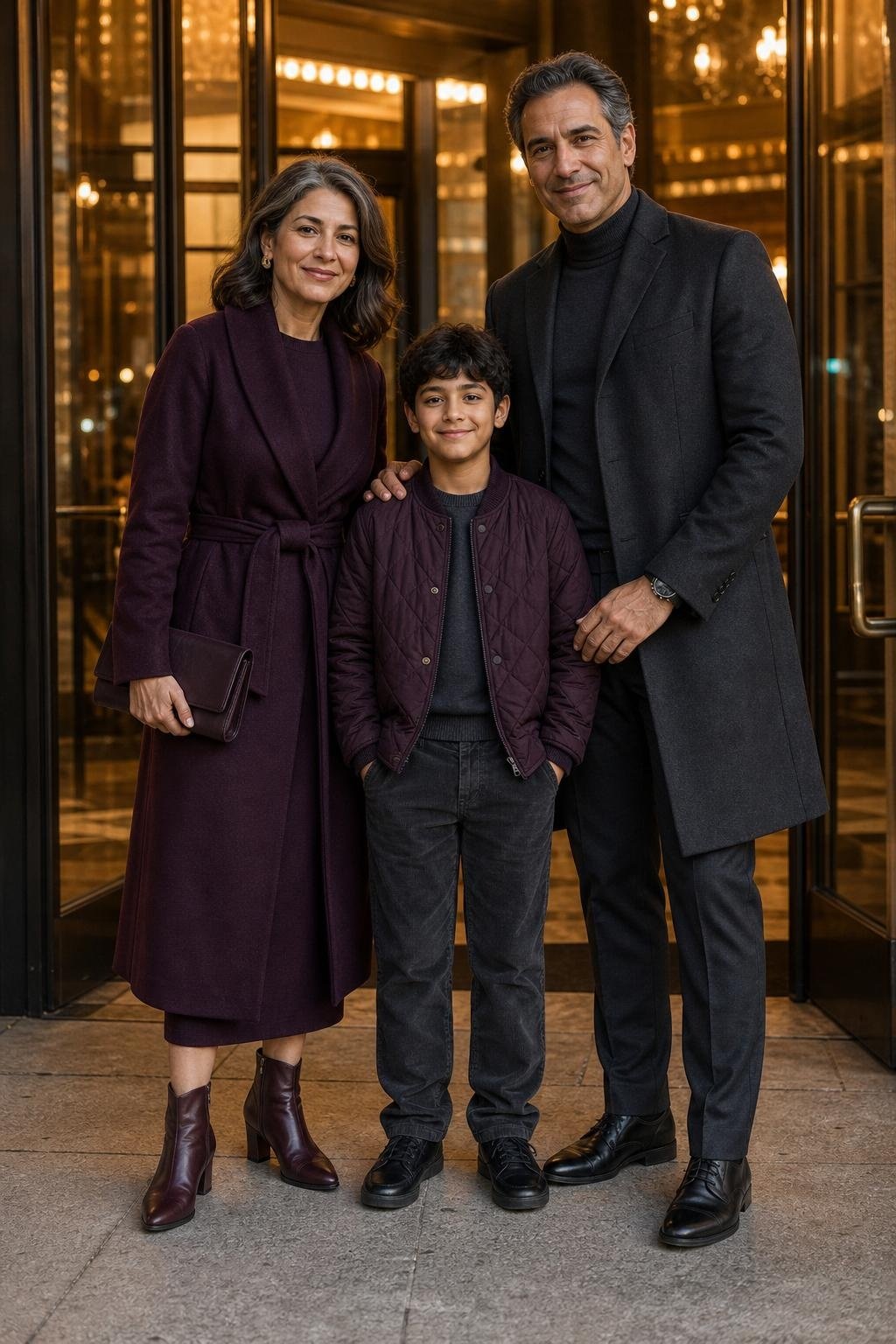 the whole family in aubergine purple and charcoal, parents in dressy coats and knit dresses or trousers, kids in soft charcoal layers, evening theater entrance (option 2)