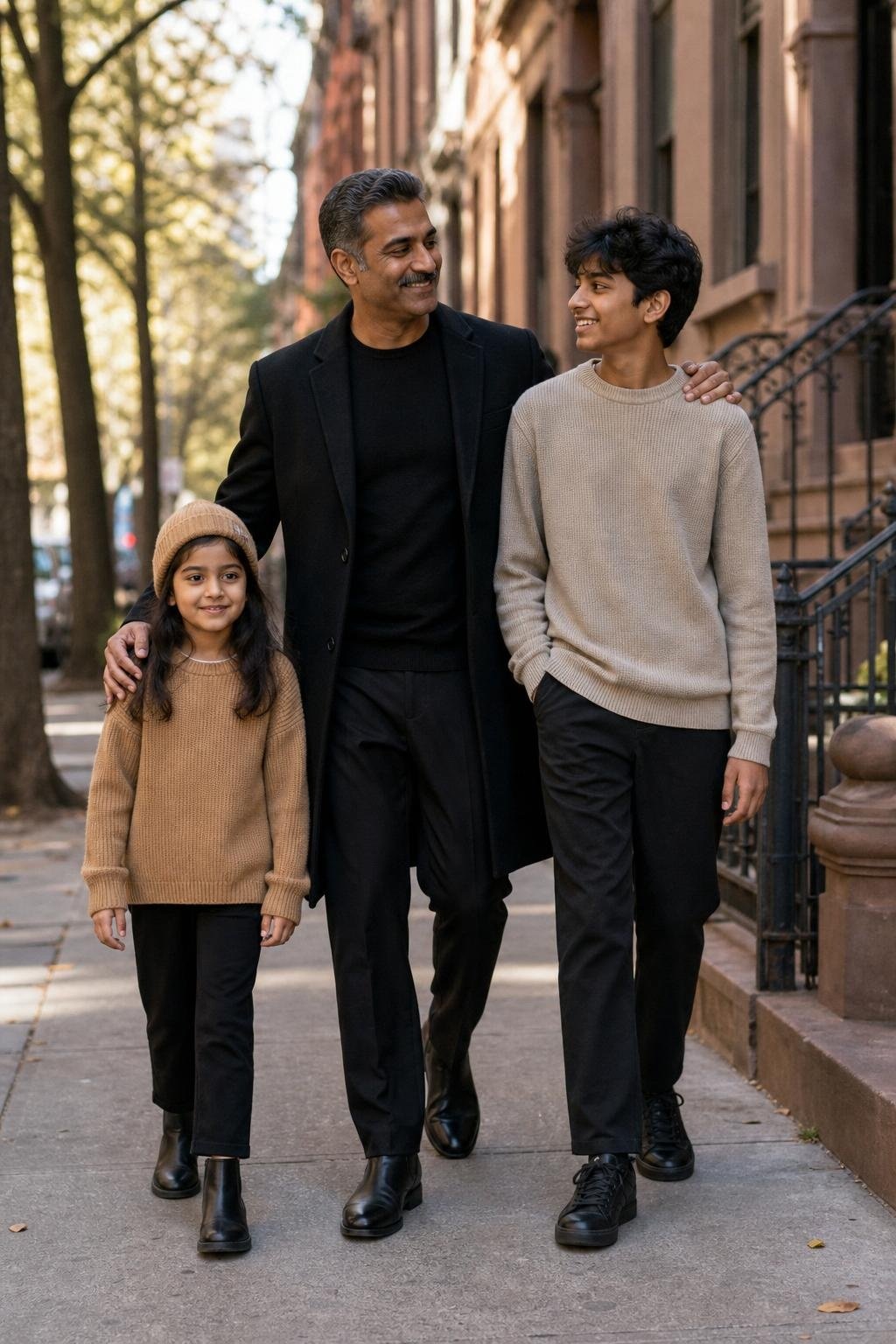 the whole family in black and camel layers, parents in coats and knit tops, kids in comfortable black pants and camel sweaters, downtown sidewalk scene (option 2)