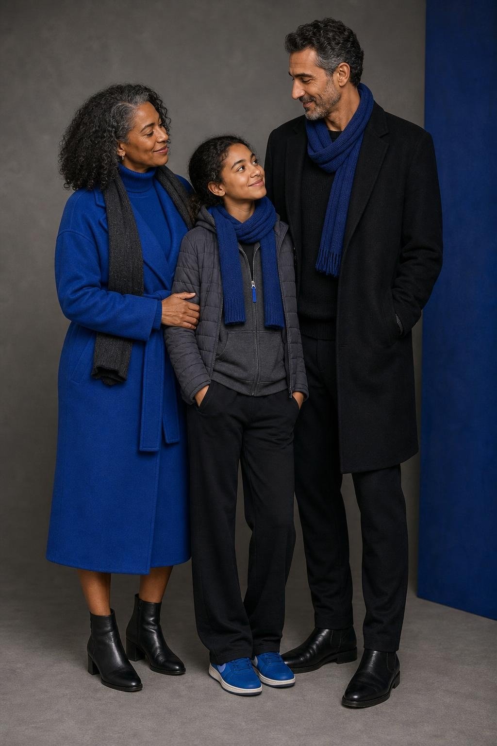 the whole family in black basics with cobalt blue accents, parents in coats and knitwear, kids in comfy black layers and blue sneakers or scarves, modern studio backdrop (option 2)