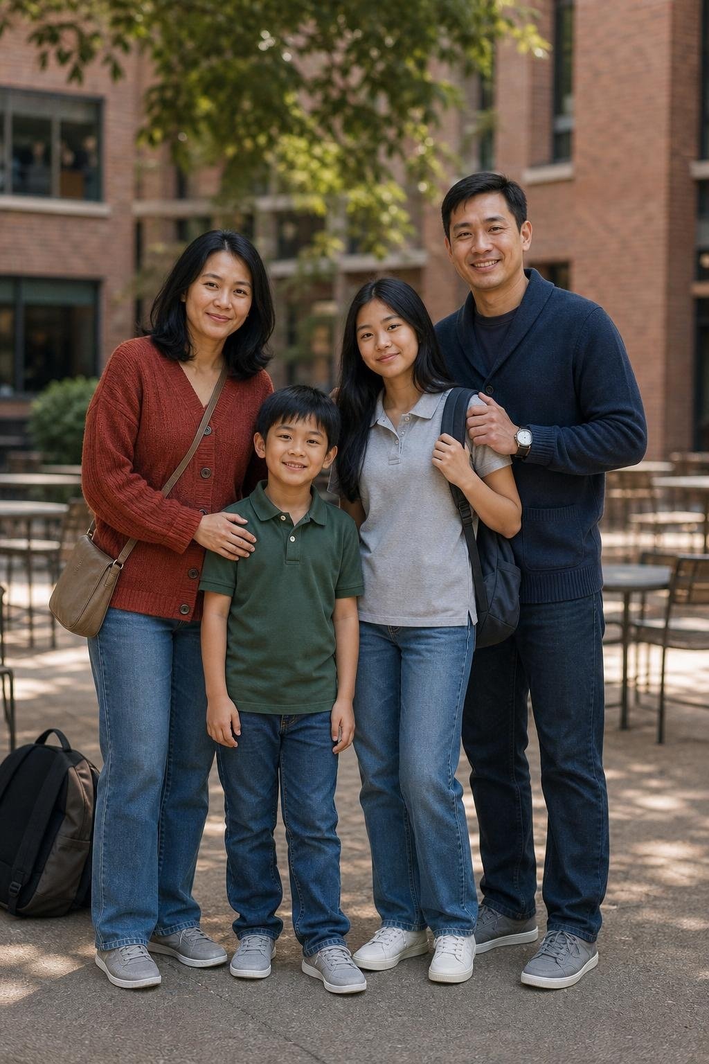 the whole family in brick red and indigo, parents in cardigans and denim, kids in soft polos, jeans, and simple sneakers, school courtyard gathering (option 1)