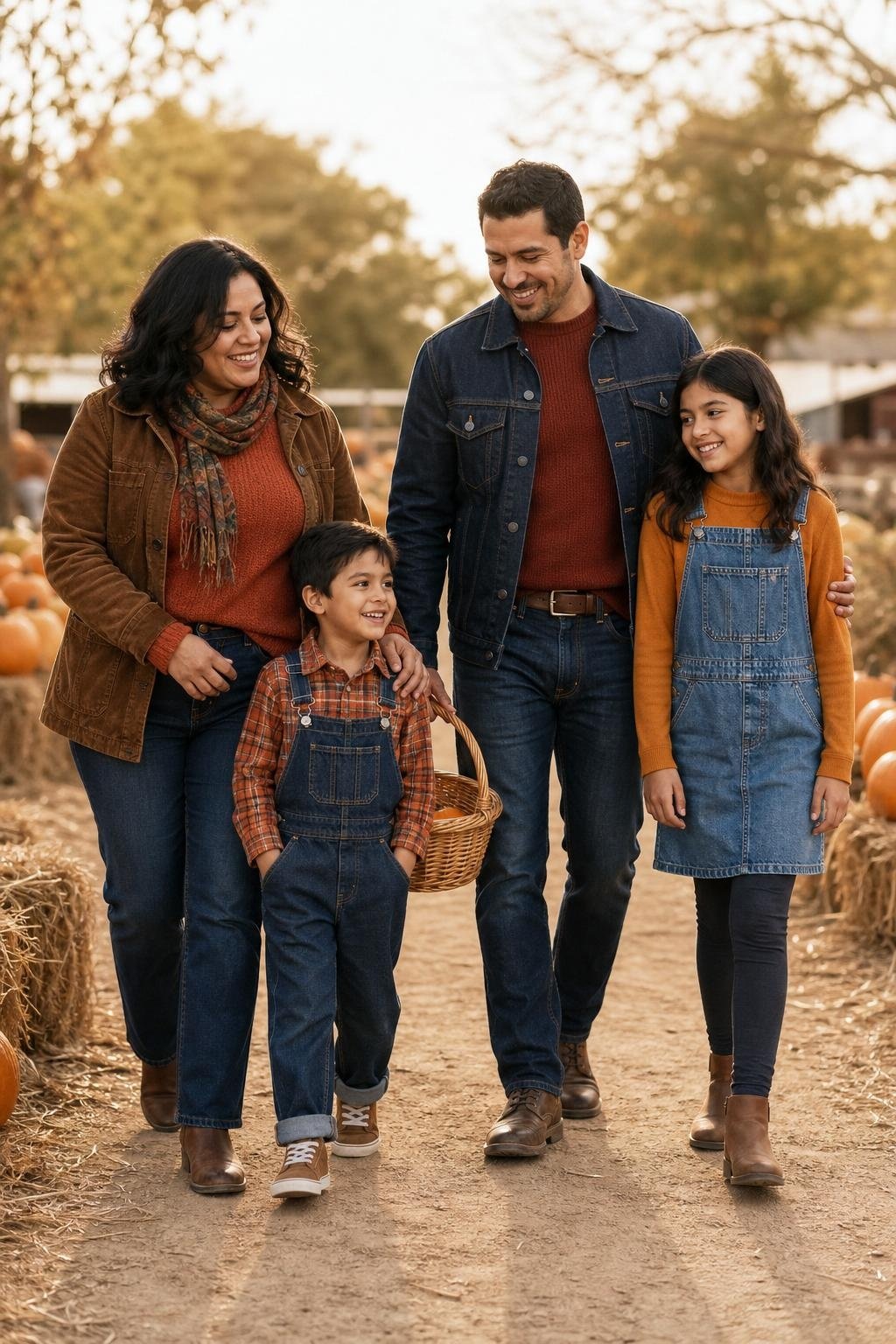 the whole family in burnt orange and indigo denim, parents in sweaters and jackets, kids in comfortable denim overalls or jeans, pumpkin patch path (option 2)