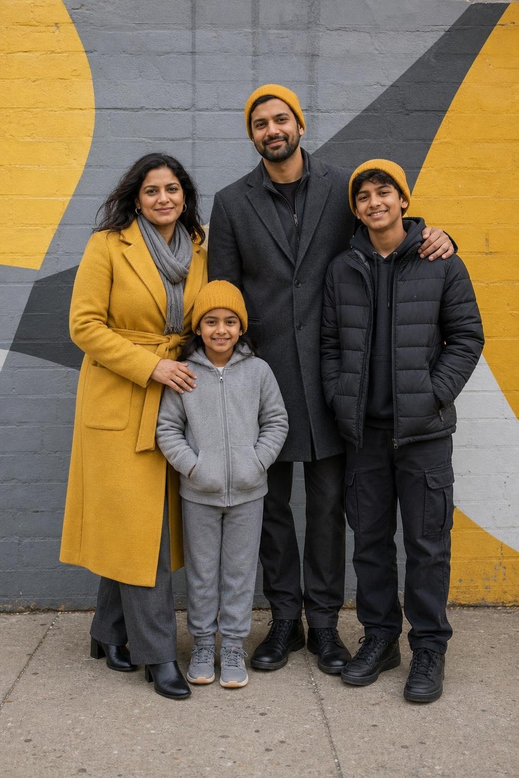 the whole family in charcoal gray with golden yellow accents, parents in coats and trousers, kids in comfy gray layers and yellow hats, urban mural wall (option 1)