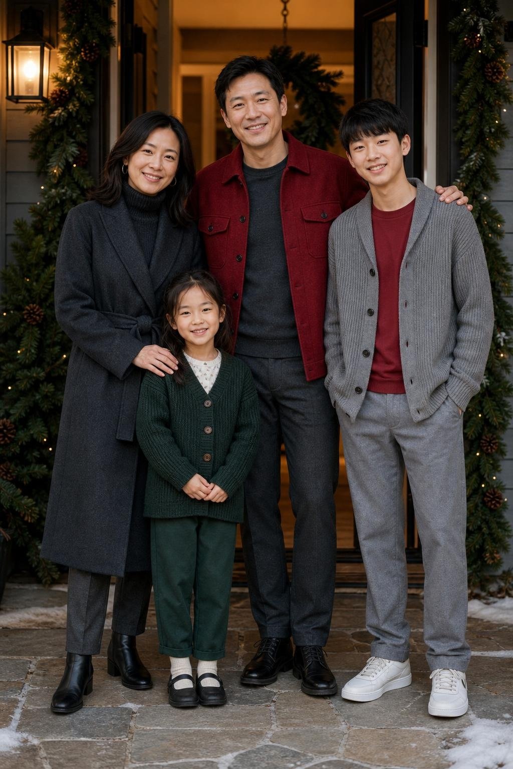 the whole family in cherry red and charcoal, parents in wool layers, kids in cozy cardigans and soft trousers, festive front porch with greenery (option 1)