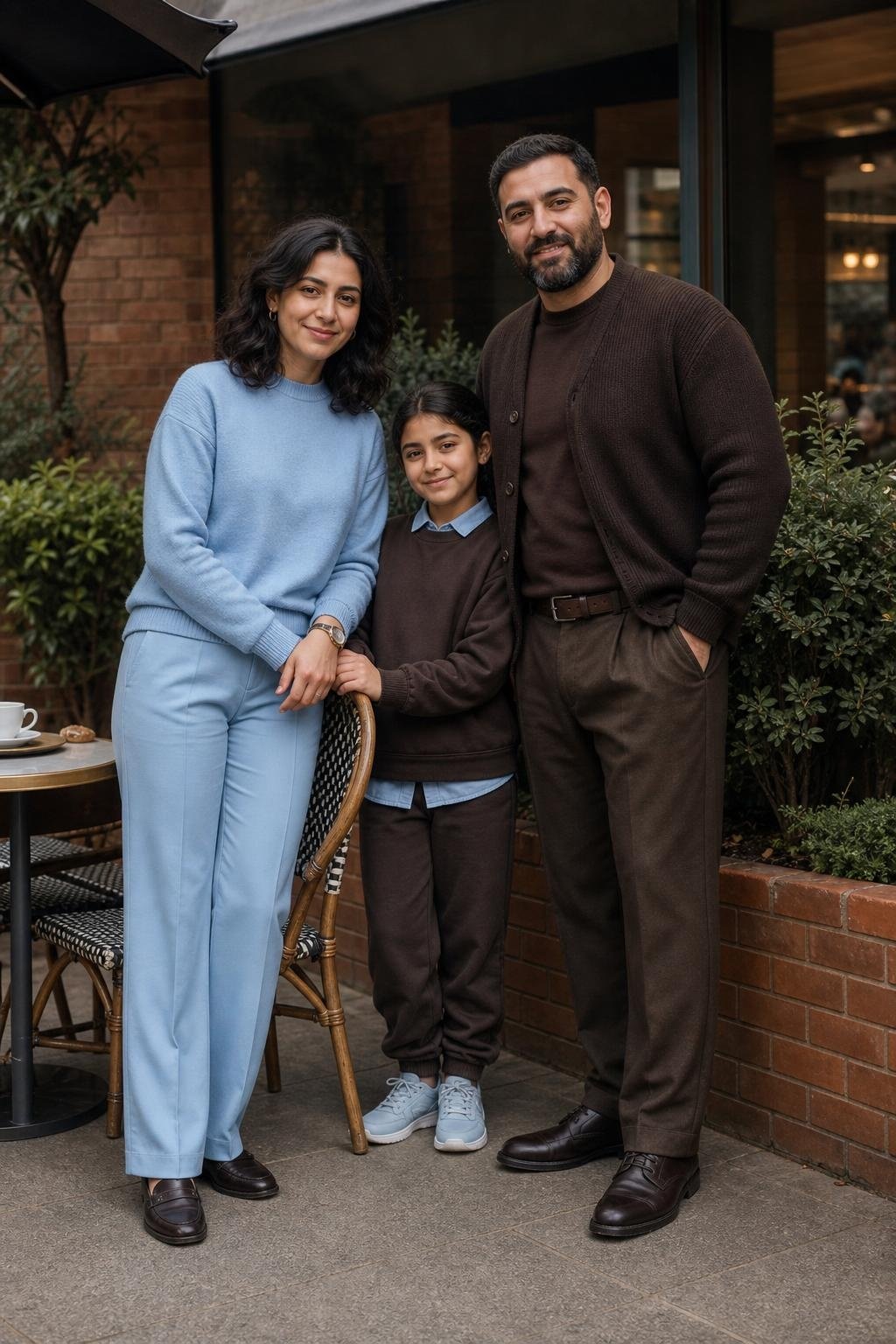 the whole family in chocolate brown and sky blue, parents in knitwear and trousers, kids in soft blue shirts and brown joggers, relaxed coffee shop patio (option 1)