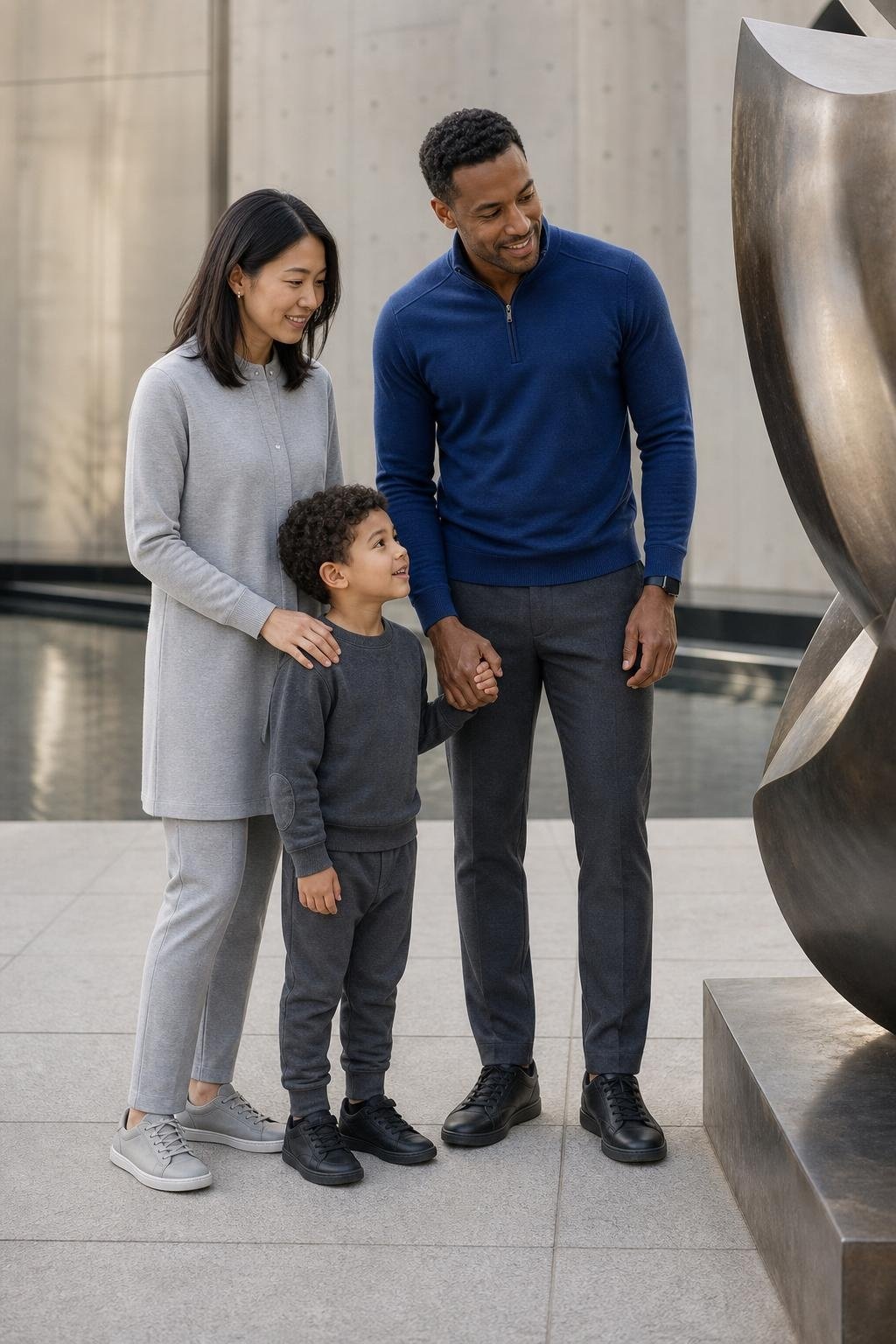 the whole family in cobalt blue and silver gray, parents in sleek knit layers, kids in comfy gray joggers and blue sweaters, contemporary museum courtyard (option 2)