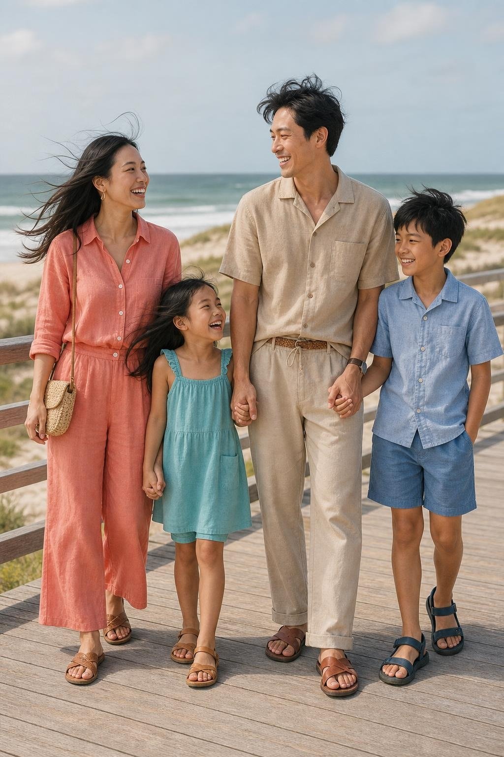 the whole family in coral, turquoise, and sandy khaki, parents in breezy shirts and linen bottoms, kids in comfortable shorts and sundresses, windy beach boardwalk (option 1)