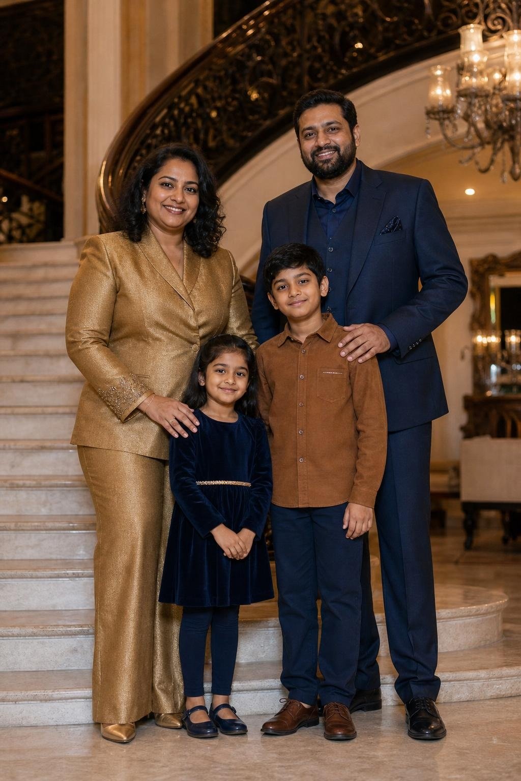 the whole family in deep navy and antique gold, parents in formal separates and dress shoes, kids in soft navy outfits with gold details, grand staircase (option 1)