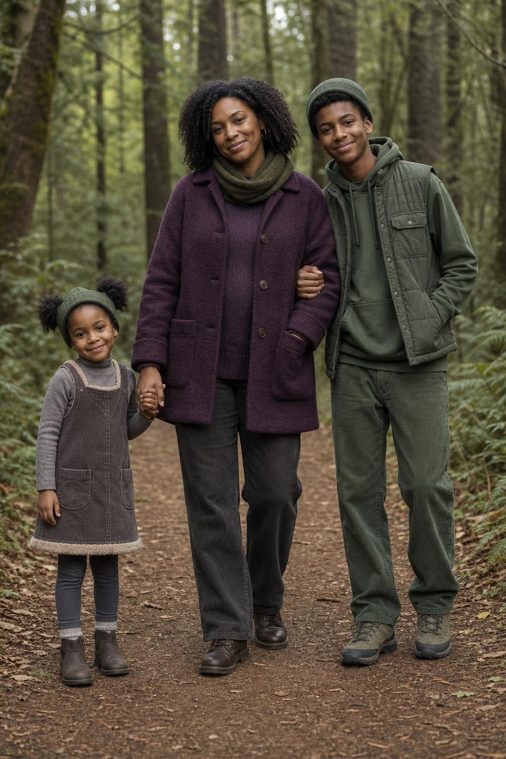the whole family in eggplant purple and moss green, parents in textured sweaters and coats, kids in soft layers and corduroy, shaded woodland path (option 2)