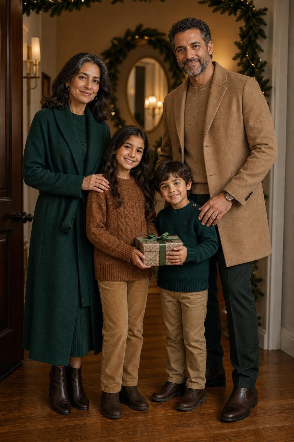 the whole family in emerald green and warm tan, parents in dressy knits and coats, kids in soft sweaters and tan pants, holiday home entryway (option 1)