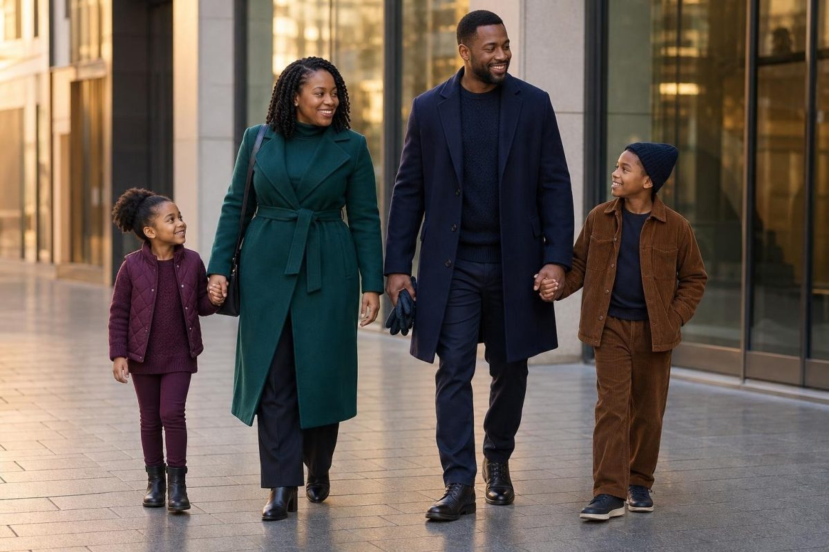 the whole family in emerald, plum, and navy layers, parents in wool coats, kids in cozy sweaters and corduroy, walking through a polished city plaza (option 1)