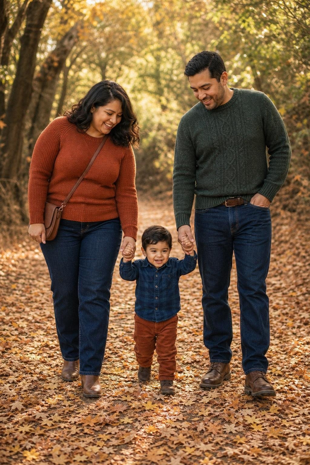 the whole family in forest green, rust, and dark denim, parents in sweaters and boots, kids in soft flannels and corduroy, leafy autumn trail (option 1)