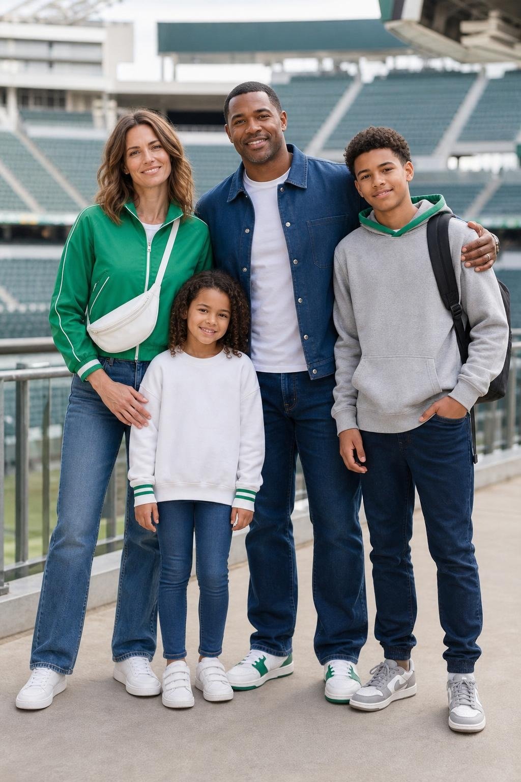 the whole family in kelly green and bright white, parents in sporty jackets and denim, kids in comfy sweatshirts and sneakers, stadium concourse (option 2)