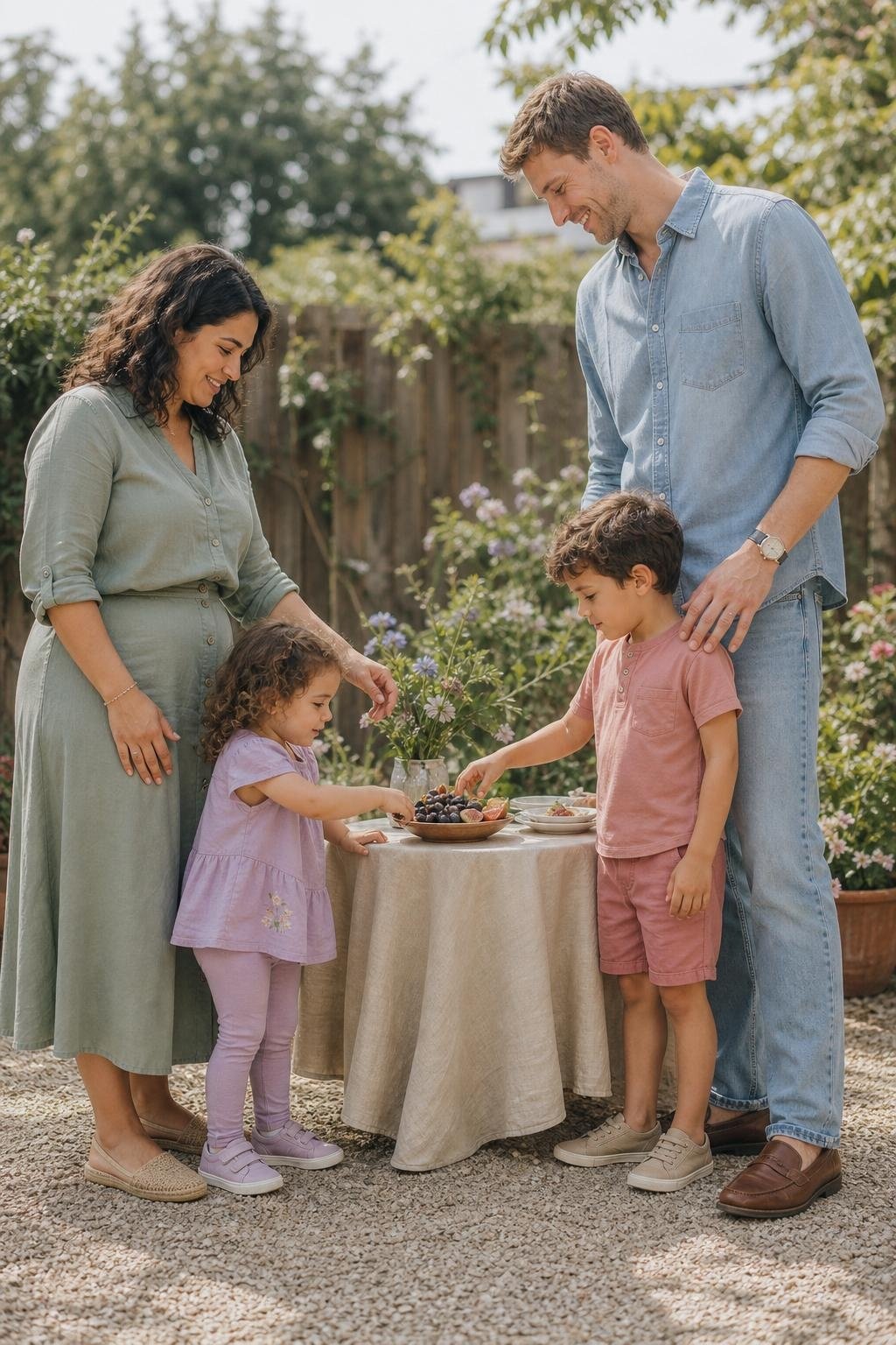 the whole family in lavender, sage, and light denim, parents in relaxed button-downs and skirts, kids in soft cotton tops, garden brunch setting (option 1)