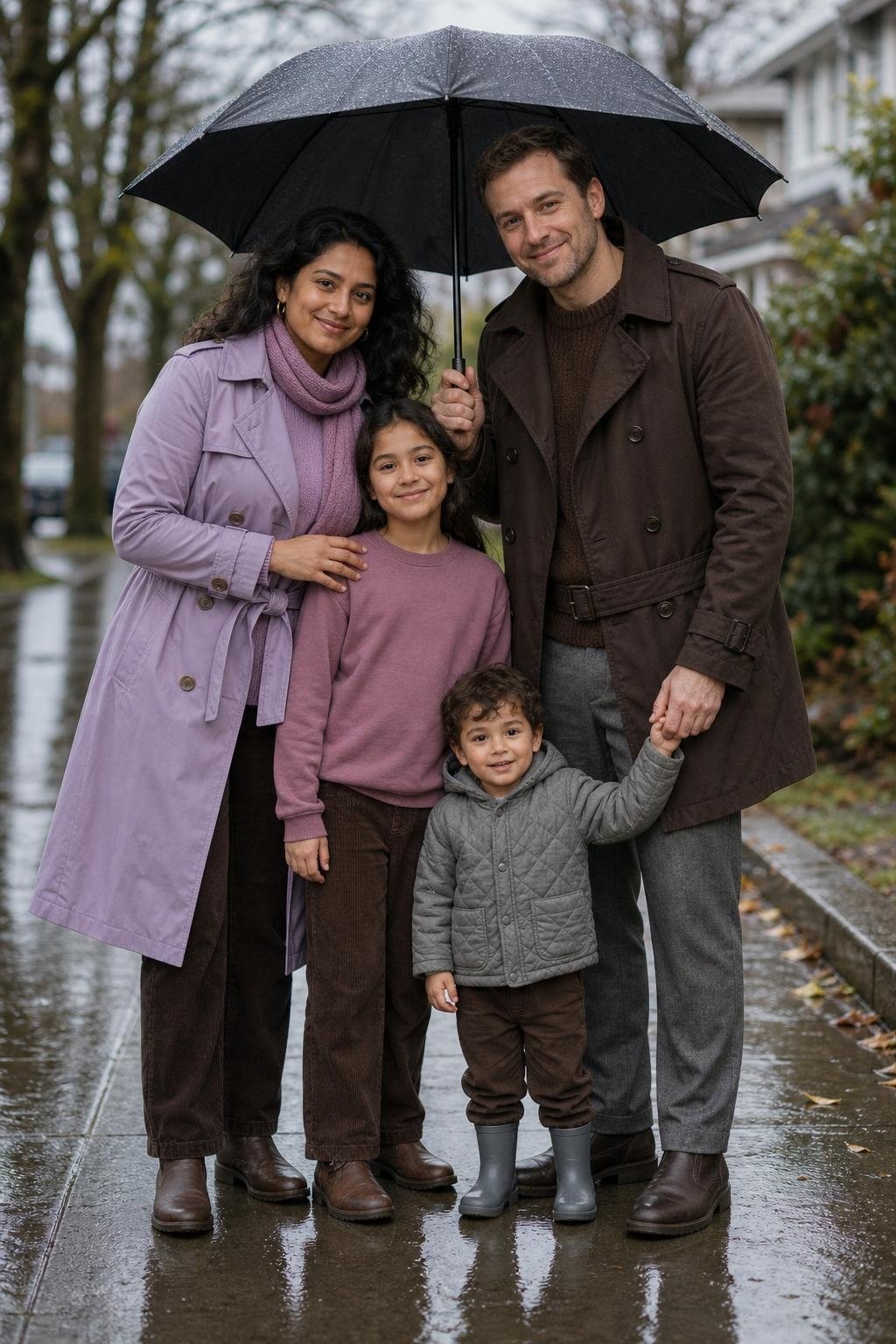 the whole family in lilac and chocolate brown, parents in trench coats and knitwear, kids in soft lilac tops and brown pants, neighborhood sidewalk after rain (option 1)