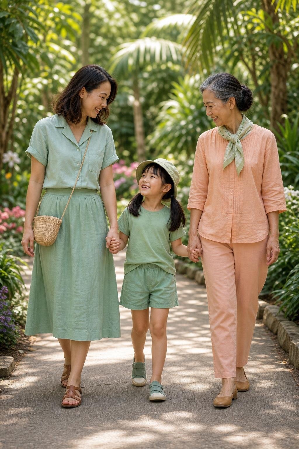 the whole family in mint green and peach, parents in cotton shirts and relaxed skirts or chinos, kids in breathable tops and shorts, sunny botanical garden (option 2)