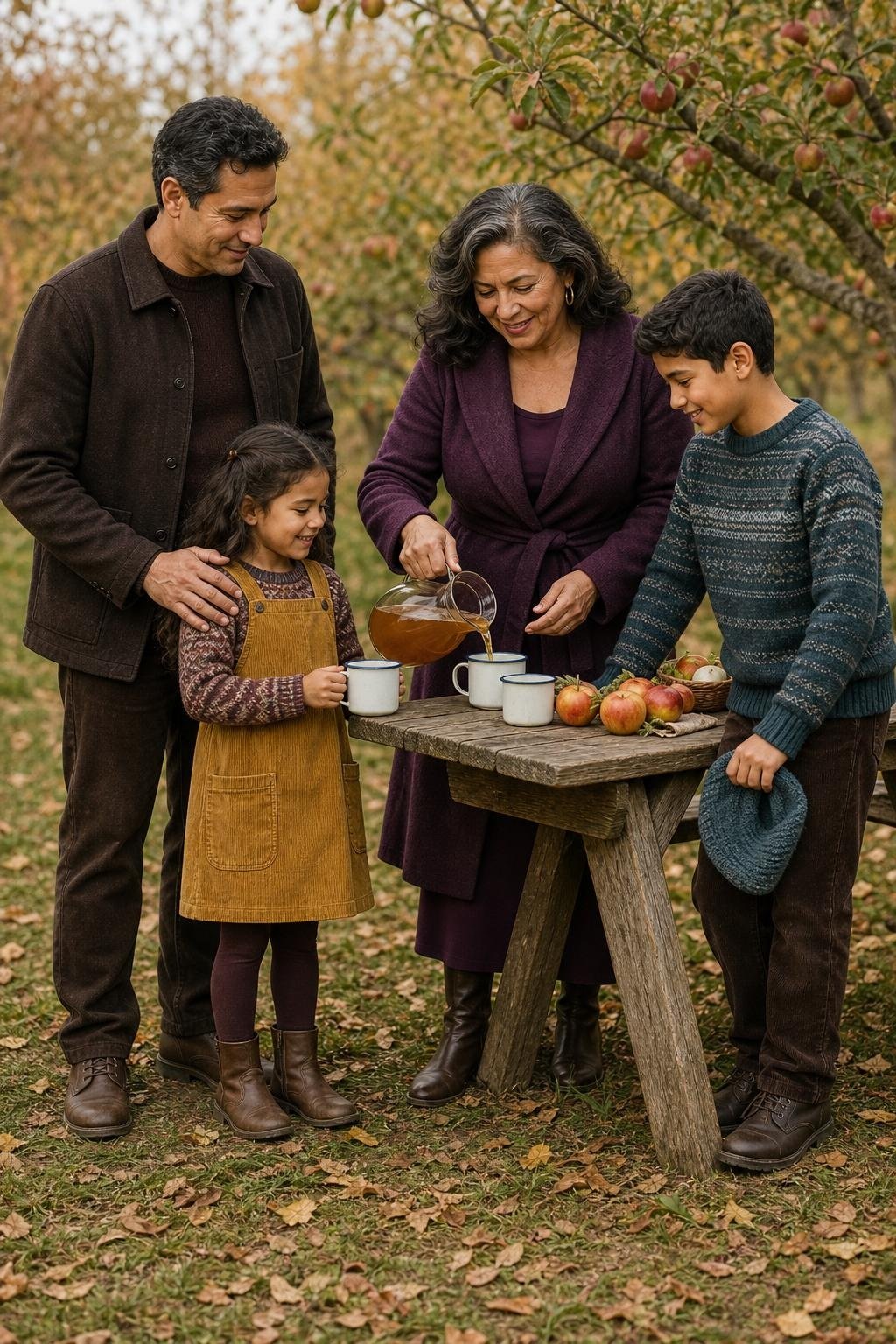 the whole family in mustard, plum, and dark brown, parents in knit tops and wool layers, kids in soft cords and patterned sweaters, orchard picnic table (option 2)