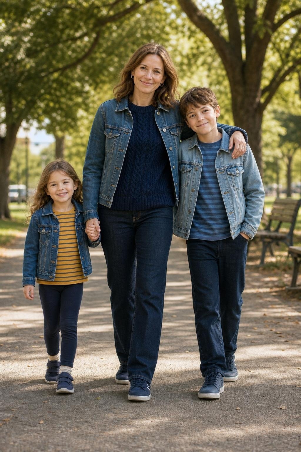 the whole family in navy knits, denim jackets, and marigold accents, parents in dark jeans, kids in comfortable denim and striped tops, casual park path (option 1)