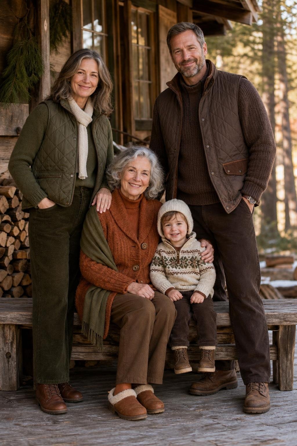 the whole family in olive, copper, and small cream accents, parents in quilted vests and sweaters, kids in cozy pullovers and knit hats, cabin porch (option 2)