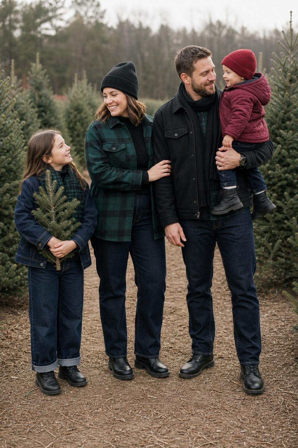 the whole family in pine green plaid, dark denim, and black layers, parents in plaid overshirts, kids in soft plaid accents and jeans, Christmas tree farm (option 1)