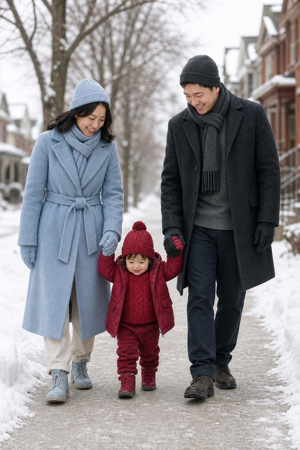 the whole family in powder blue and cranberry, parents in wool coats and scarves, kids in cozy sweaters and knit hats, snowy neighborhood walkway (option 2)
