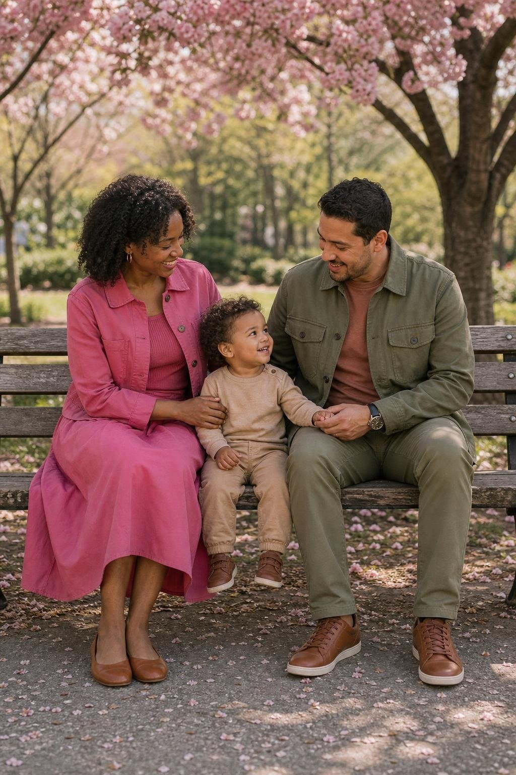 the whole family in raspberry pink and khaki green, parents in light jackets and skirts or chinos, kids in soft tops and easy pants, blooming park bench (option 1)