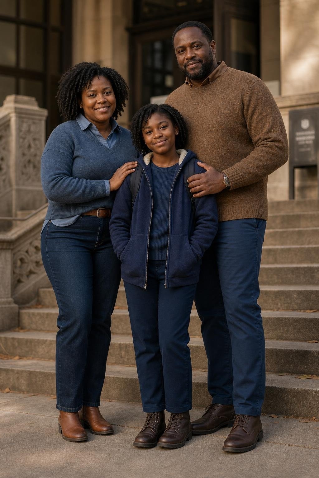 the whole family in slate blue and cognac brown, parents in button-downs, sweaters, and boots, kids in soft blue layers and easy pants, library steps (option 2)